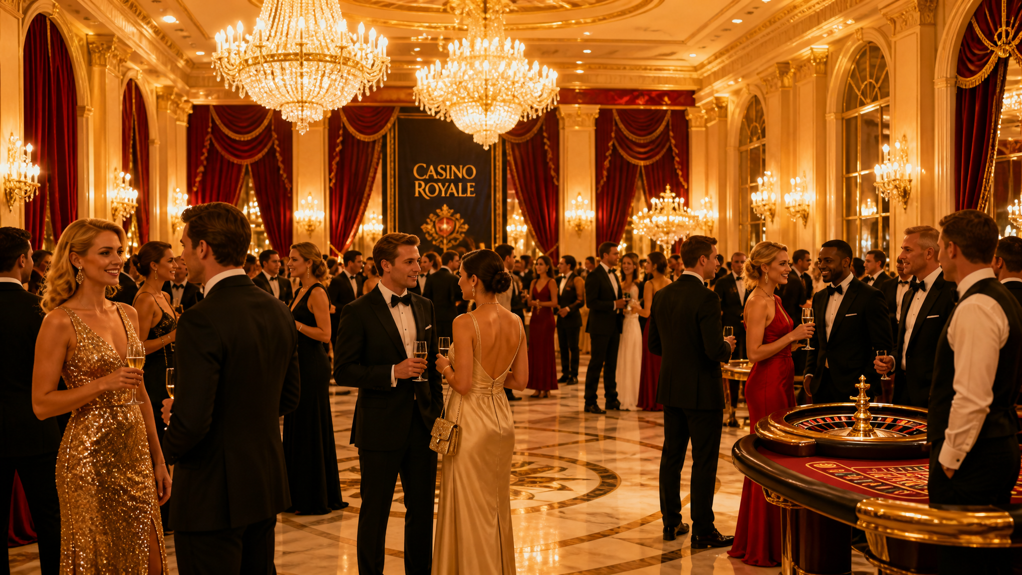 Opulent black-tie ballroom with glowing chandeliers, elegantly dressed guests, and warm golden lighting set for an upscale Casino Royale prom