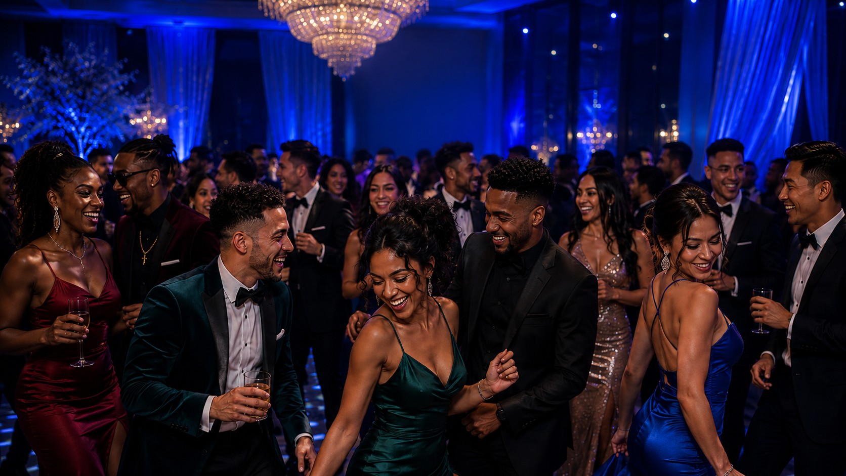 Guests laughing and dancing together at an upscale adult prom with blue uplighting and chandeliers